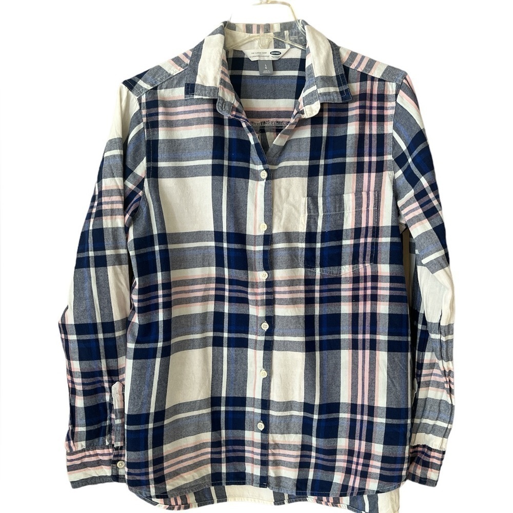Old Navy The Classic Shirt Blue White Pink Plaid Long Sleeves Size Large Pocket